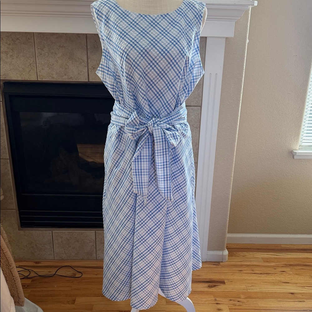 Calvin Klein Light Blue and White Plaid Midi Dress with Tie Waist